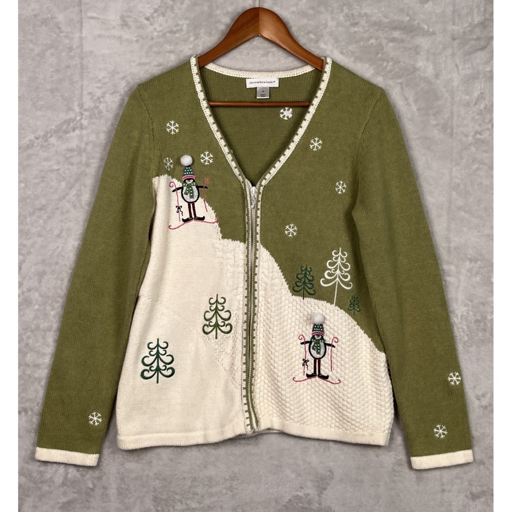 Women's Penguin Cardigan‎ Medium Christmas Skiing Sweater Zip Winter Embroidered